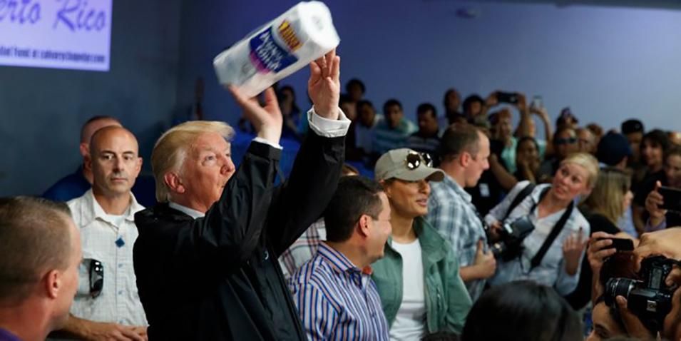 Trump tosses rolls of paper towels like basketballs to victims of Hurricane Maria in Puerto Rico in 2017