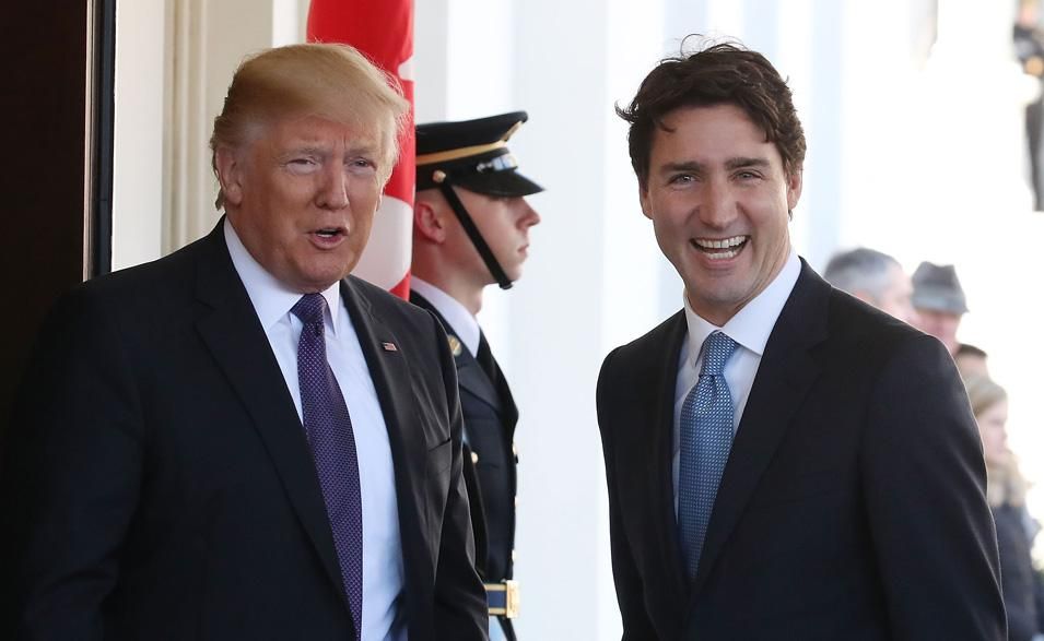 U.S. President Donald Trump greets Canadian Prime Minister Justin Trudeau at the White House February 13, 2017 in Washington, DC. (Photo by Mark Wilson/Getty Images)