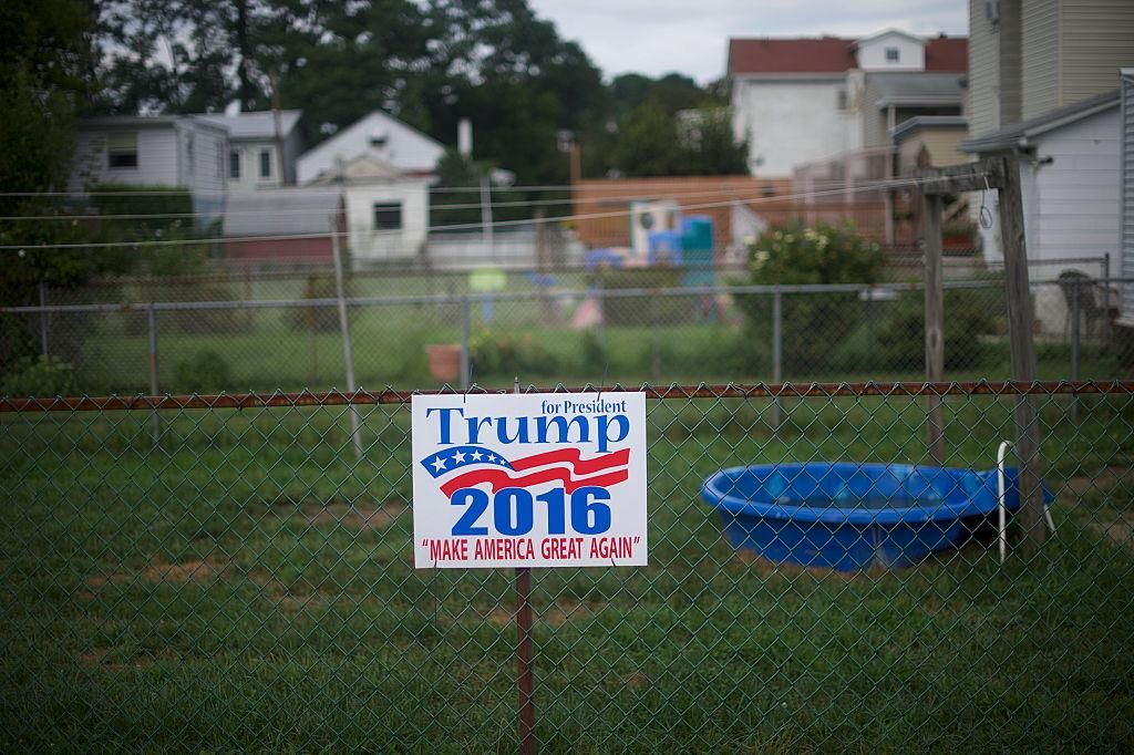 A Republican Presidential candidate Donald Trump sign is displayed in the backyard of a house on August 14, 2016 in Schuylkill Haven, Pennsylvania. This Western Pennsylvania city has a median household income of $32,442. Trump has been holding rallies in the state frequently as he targets Pennsylvania's 20 delegates, the 5th largest total nationwide. (Photo by Mark Makela/Getty Images)