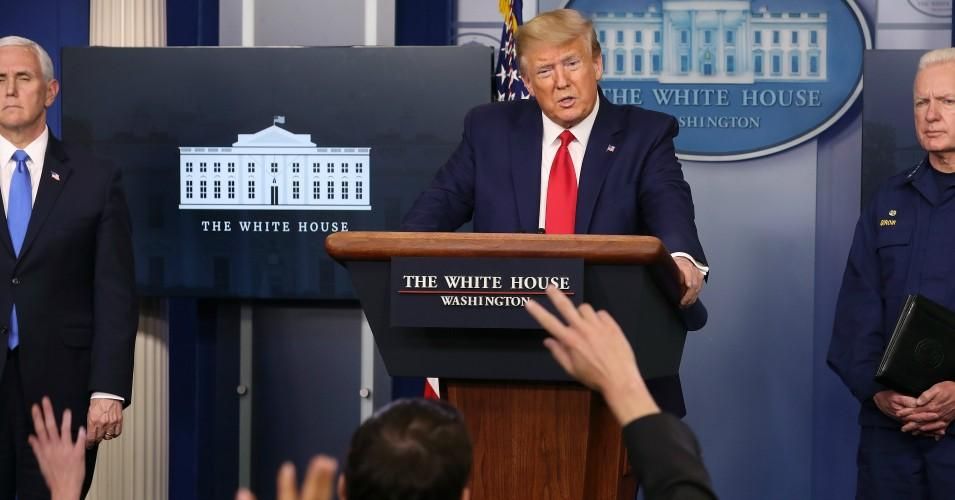 President Donald Trump speaks to reporters following a meeting of his coronavirus task force in the Brady Press Briefing Room at the White House on April 6, 2020 in Washington, D.C. 