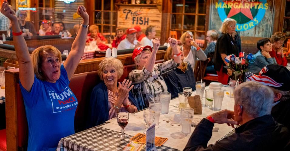 People react as they watch a broadcast of Fox News showing presidential election returns at an election night watch party organized by group "Villagers for Trump" in The Villages, Florida, on November 3, 2020. (Photo: Ricardo Arduengo/AFP via Getty Images)