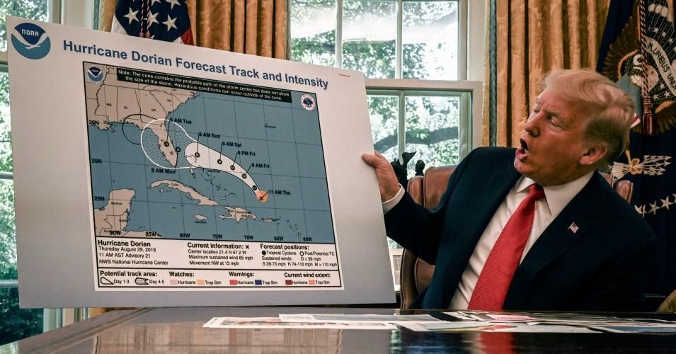 President Donald Trump brandishes a graphic during an Oval Office briefing on the status of Hurricane Dorian in Washington, D.C. on September 4, 2019. (Photo: Bill O'Leary/The Washington Post via Getty Images)