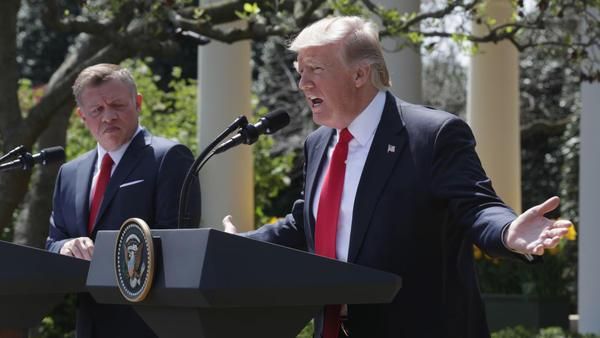 President Trump and King Abdullah II of Jordan hold a joint news conference at the Rose Garden of the White House on Wednesday. 