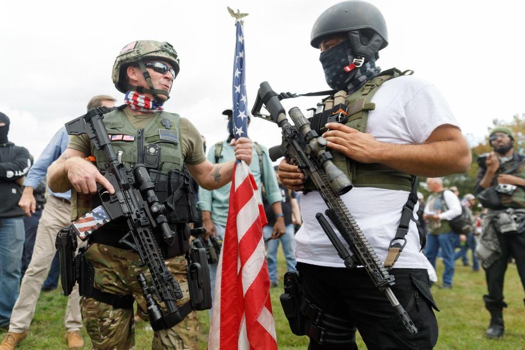 The Proud Boys, a right-wing pro-Trump group, are heavily armed with military weapons gather with their allies in a rally called âEnd Domestic Terrorismâ against Antifa in Portland, Oregon on September 26, 2020. (Photo by John Rudoff/Anadolu Agency via Getty Images)