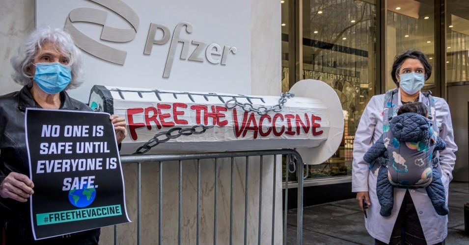A coalition of healthcare advocacy organizations rallied outside Pfizer Worldwide Headquarters in Manhattan on March 11, 2021. (Photo: Erik McGregor/LightRocket via Getty Images)