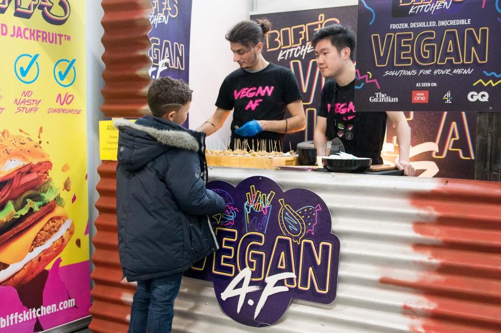 London based Vegan burger company Biffs Kitchen handing out samples of their pulled jackfruit burgers during Plant Powered Expo 2020 at Olympia London on February 2, 2020 in London, England. (Photo by Ollie Millington/Getty Images)