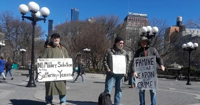 Activists practice “physical distancing” at a Saturday morning vigil for Peace in Yemen, Union Square, New York City. (Photo credit: Bill Ofenloch)