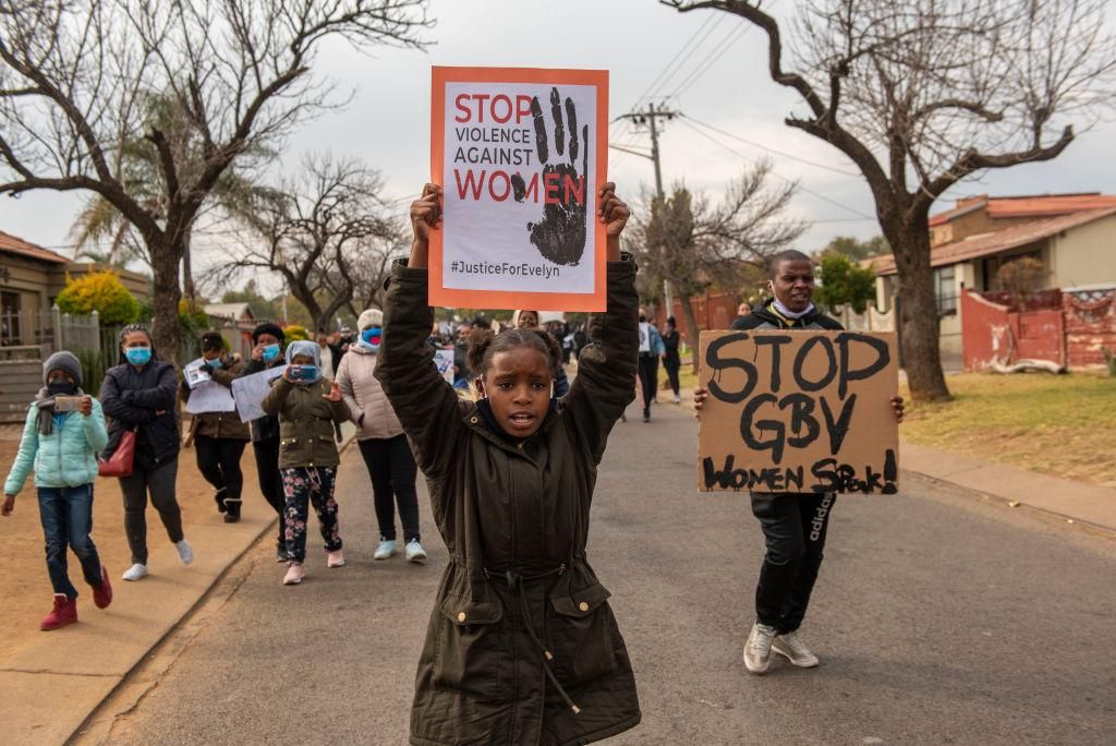  Emlynn de Kock (11), daugther of the murdered Evelyn de Kock marched with people of the Eersterust community during the Stop Violence Against Women March on June 16, 2020 in Pretoria, South Africa. (Photo by Alet Pretorius/Gallo Images via Getty Images)