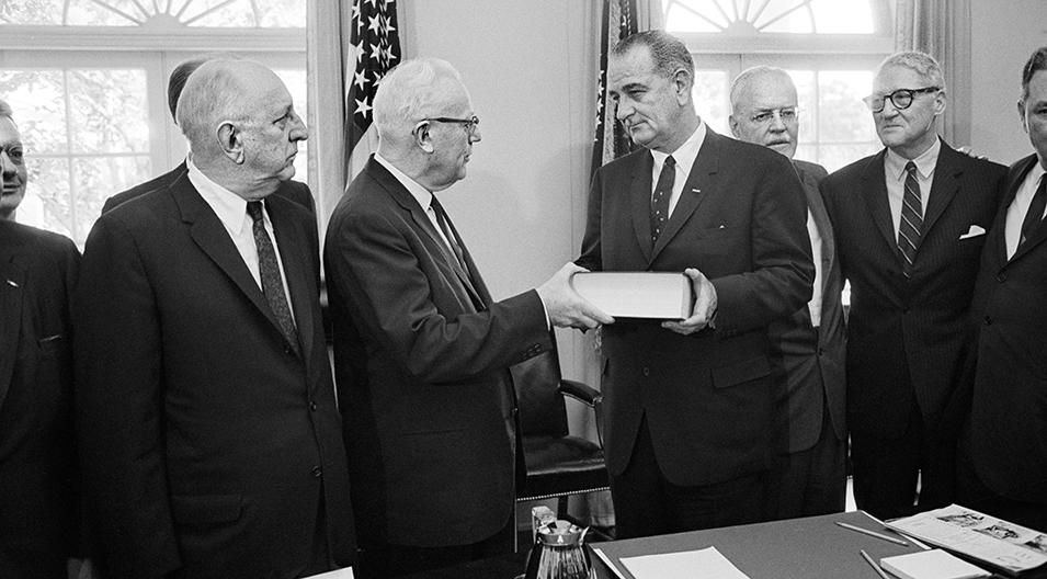 The Warren Commission presents its Report to U.S. President Lyndon Johnson, White House, Washington, D.C. on September 24, 1964.