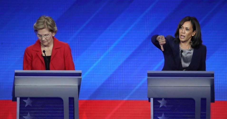 Sens. Elizabeth Warren (D-Mass.) and Kamala Harris (D-Calif.) on stage during the Democratic presidential debate at Texas Southern University's Health and PE Center on September 12, 2019 in Houston, Texas. (Photo: Win McNamee/Getty Images)