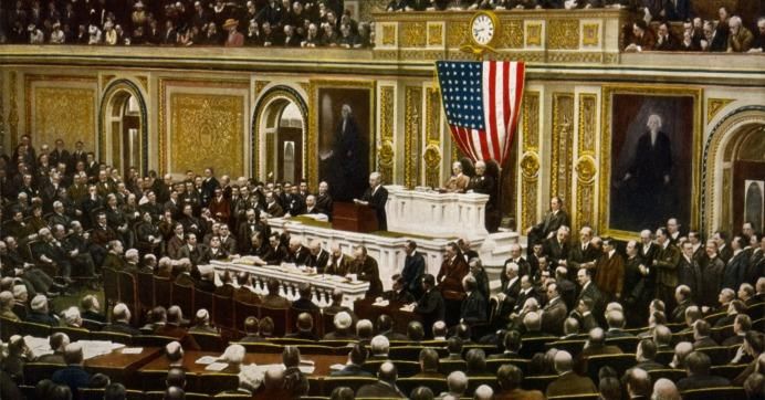 President Woodrow Wilson asking Congress to declare war on Germany on April 2, 1917.