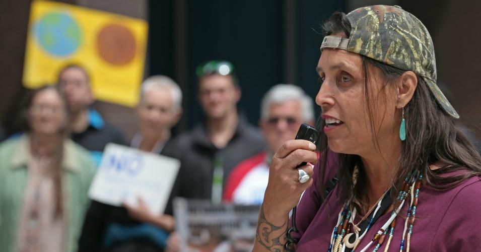 Winona LaDuke, executive director of Honor the Earth, spoke to aroung 45 people during a Honor the Earth rally at the 121 7th Place East building in July of 2014. (Photo: Bruce Bisping/Star Tribune via Getty Images)