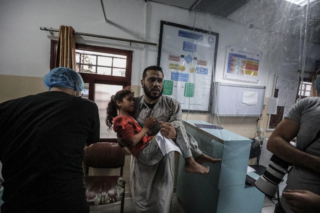 A wounded Palestinian girl is being brought to Indonesian Hospital to receive medical treatment after Israeli airstrike in the Gaza Strip, on May 10, 2021 in Beit Lahia, Gaza. (Photo: Ali Jadallah/Anadolu Agency via Getty Images)