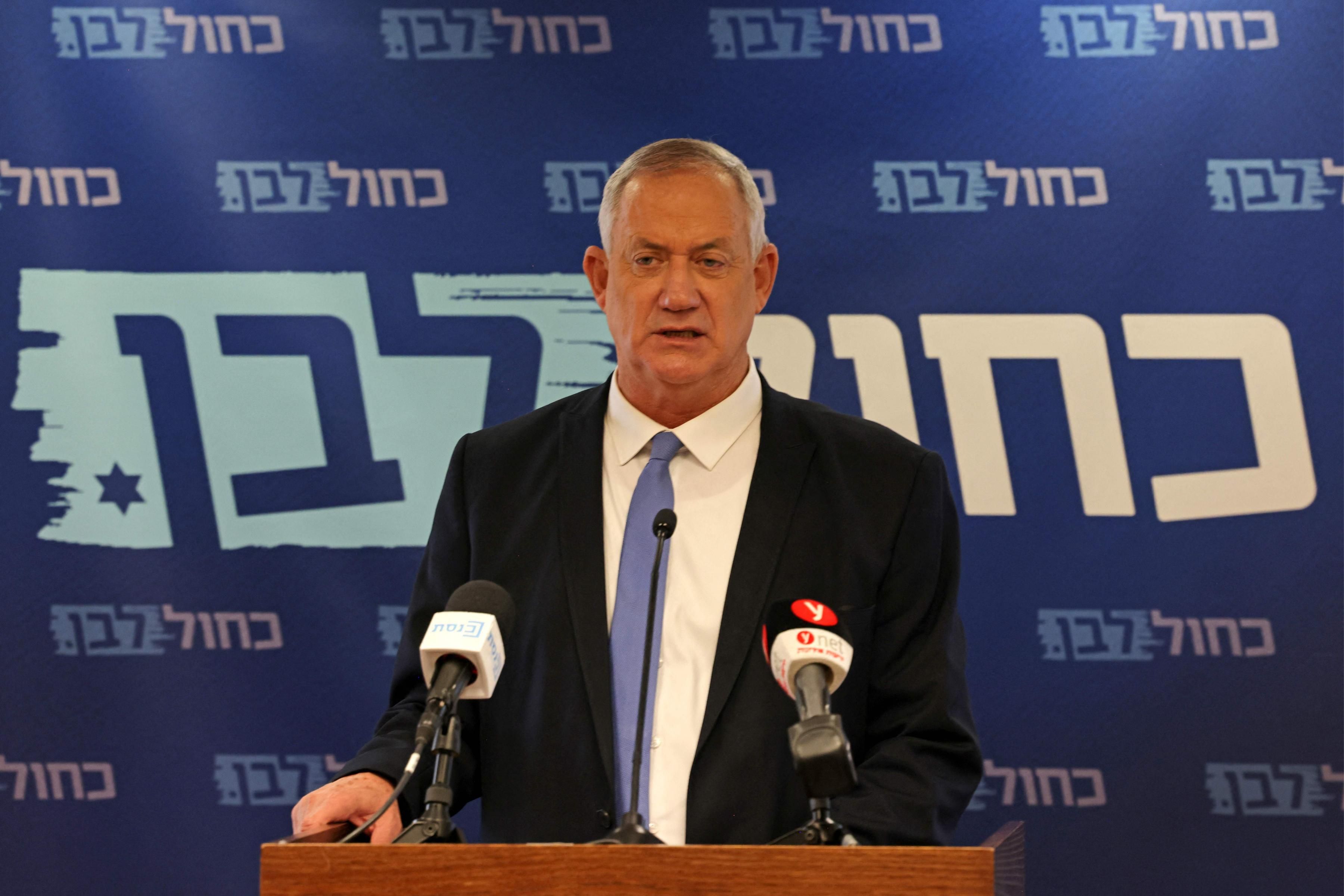 Israeli Defense Minister Benny Gantz speaks at a briefing