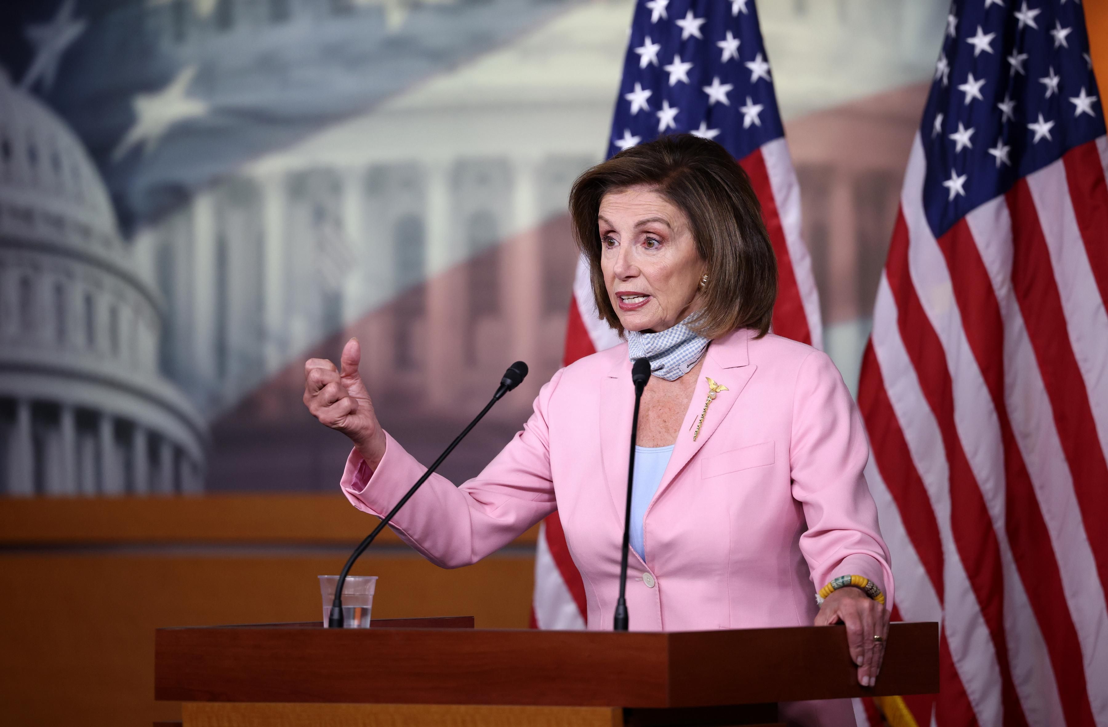 House Speaker Nancy Pelosi speaks to reporters