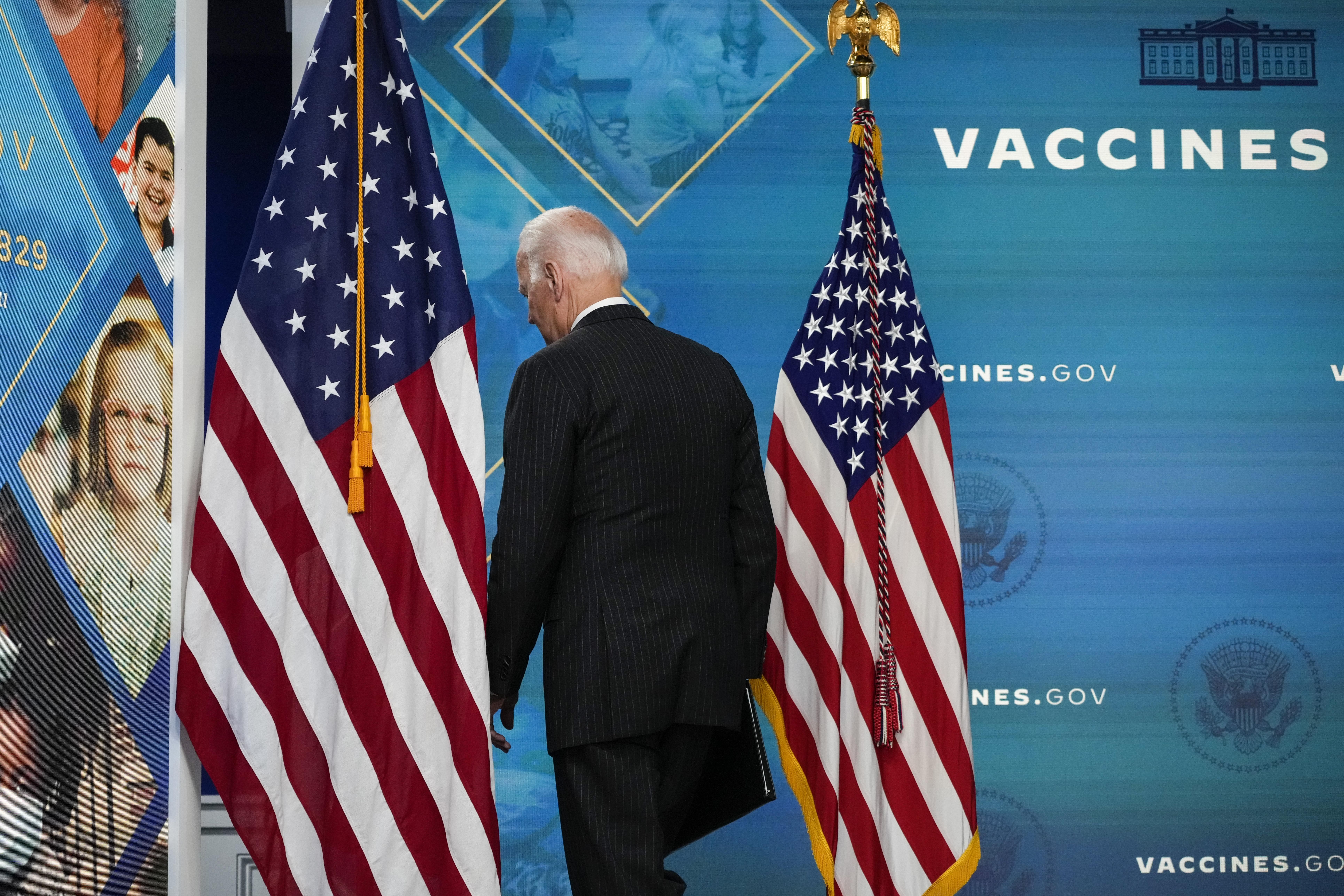 U.S. President Joe Biden departs after speaking about the authorization of Covid-19 vaccines for children ages 5-11 on November 3, 2021 in Washington, D.C.