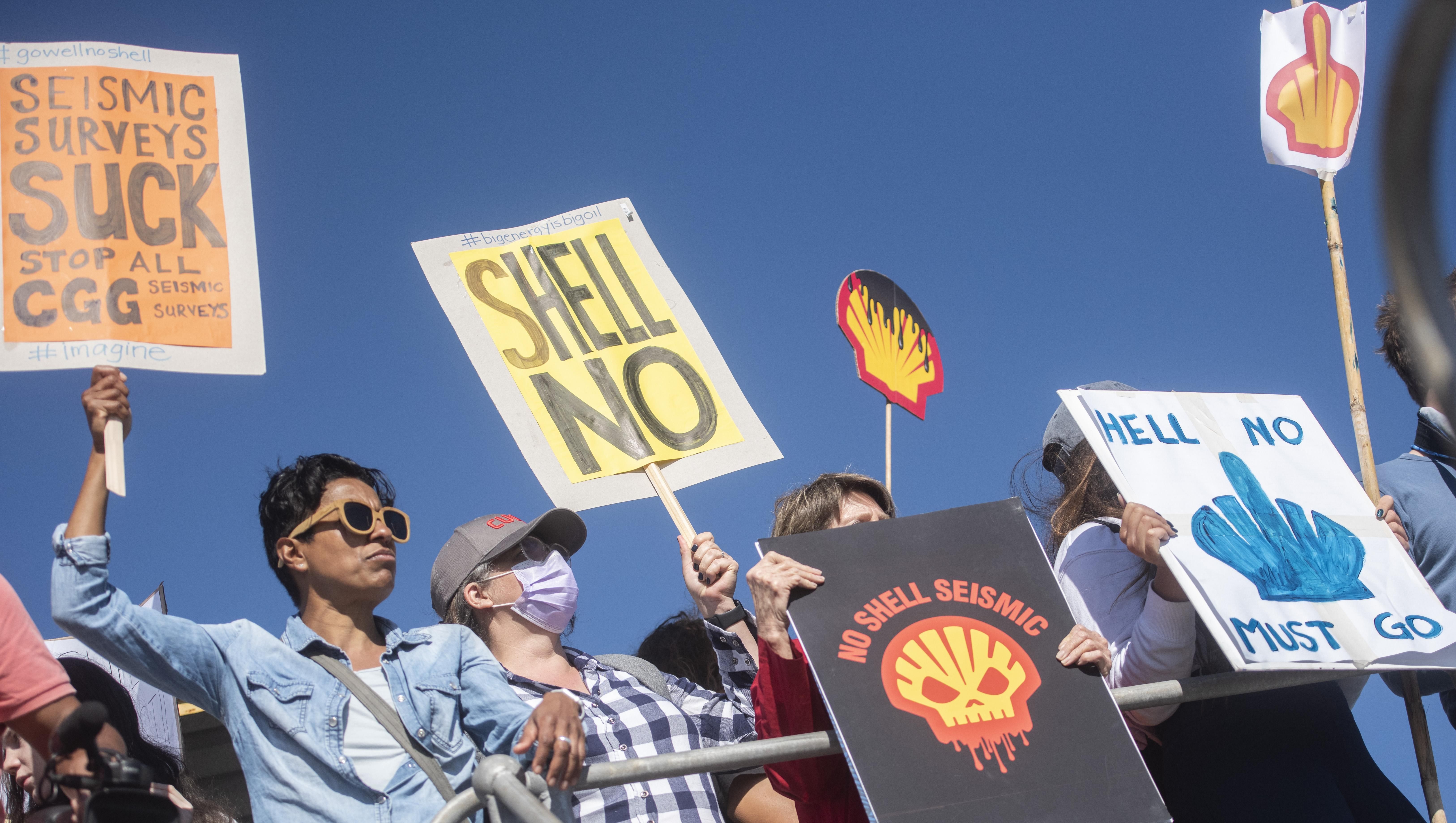 Opponents of Shell's planned seismic blasting protest on November 21, 2021 in Cape Town, South Africa