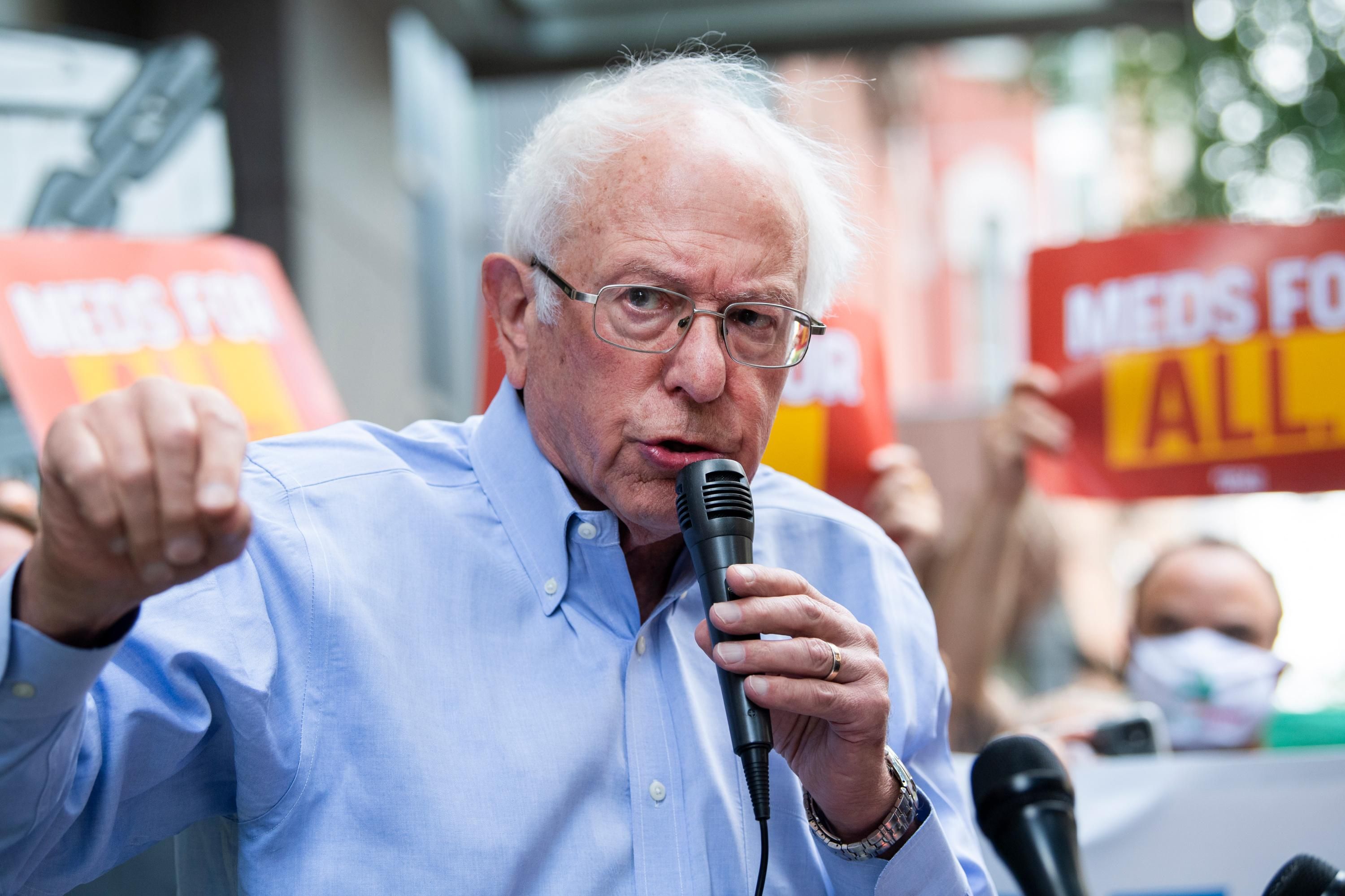 Sen. Bernie Sanders speaks at a rally outside PhRMA headquarters