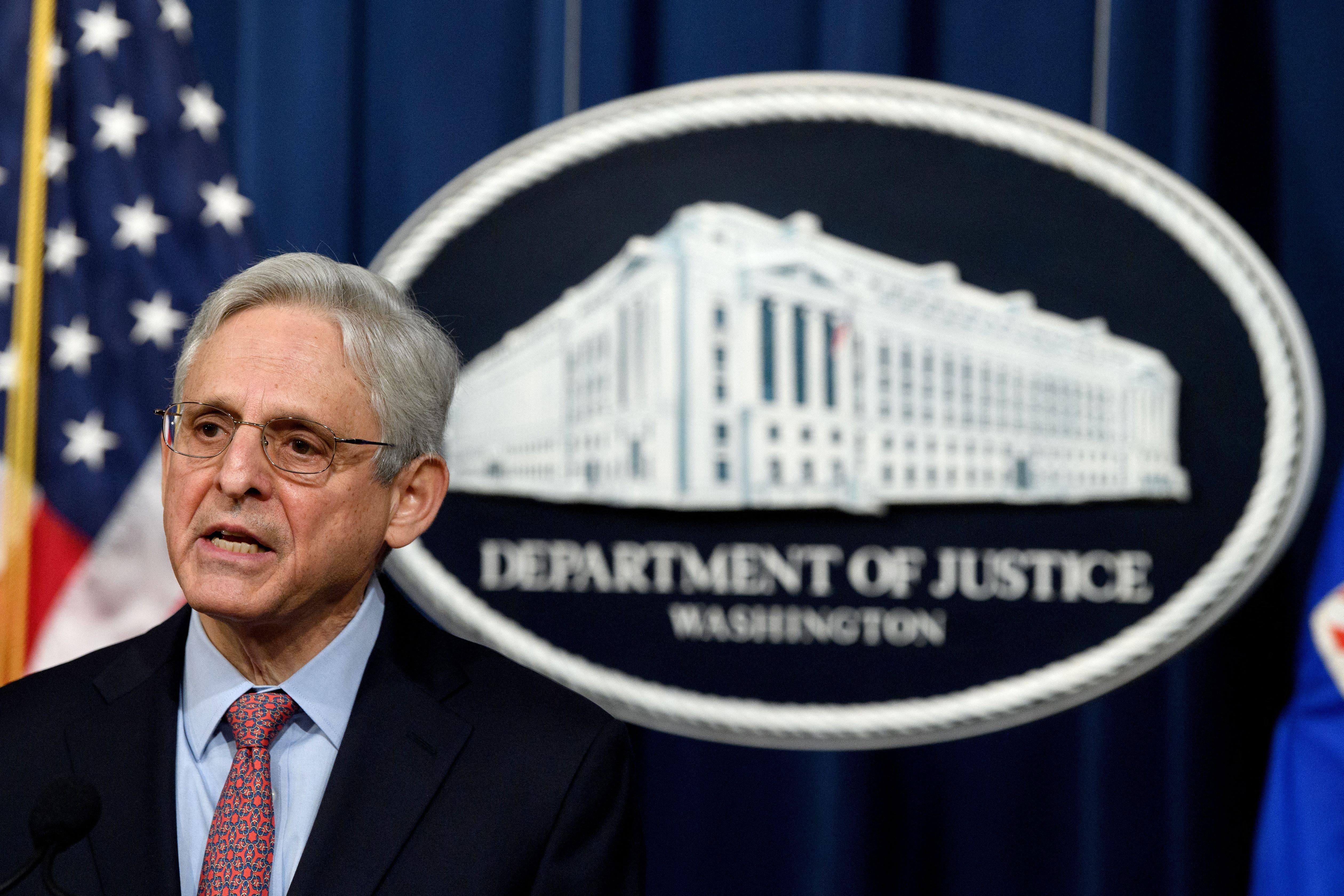 U.S. Attorney General Merrick Garland speaks to the press at the Justice Department in Washington, D.C. on February 22, 2022.