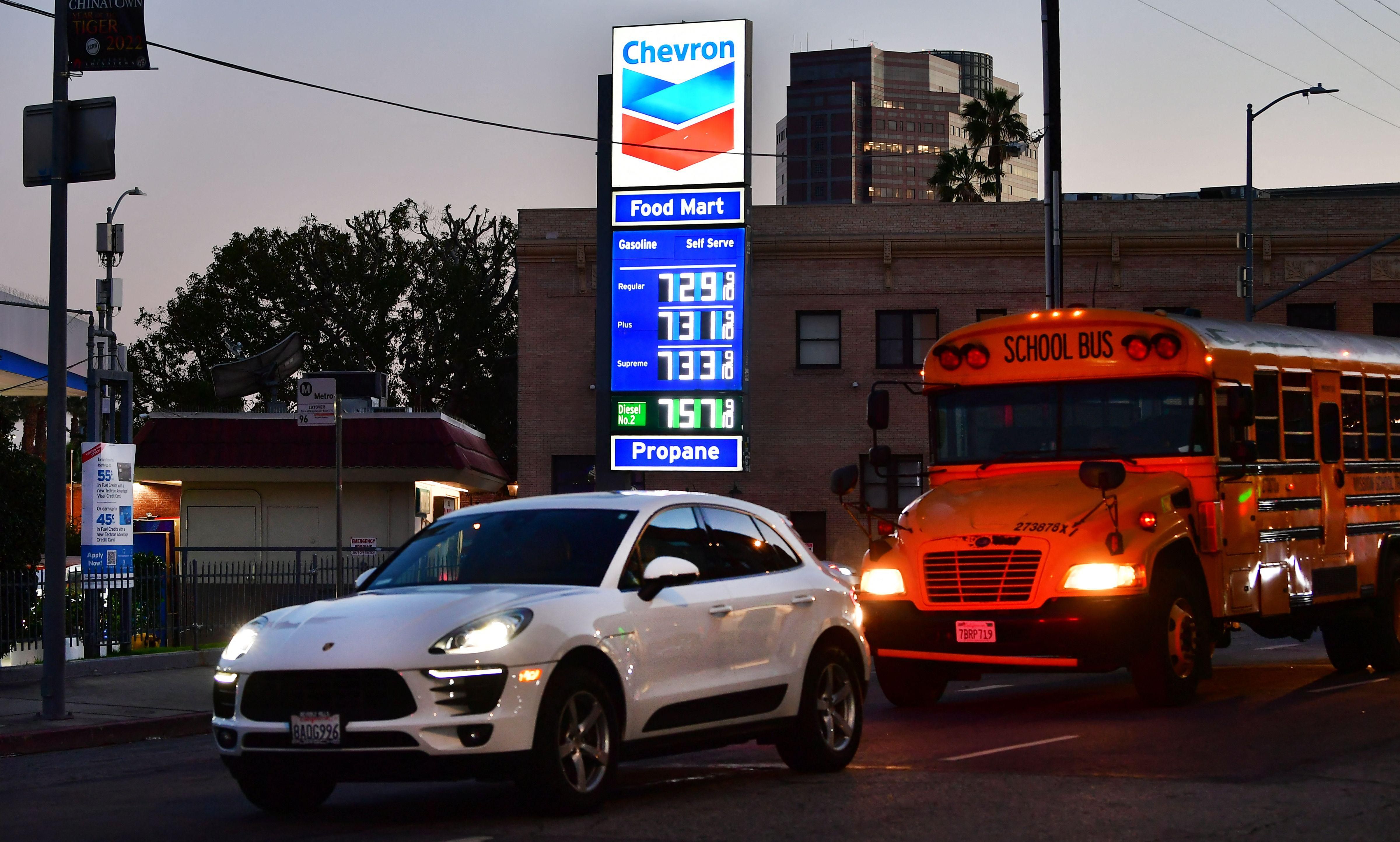 Gas prices of more than $7.00 per gallon are posted at a downtown Los Angeles gas station on March 9, 2022.