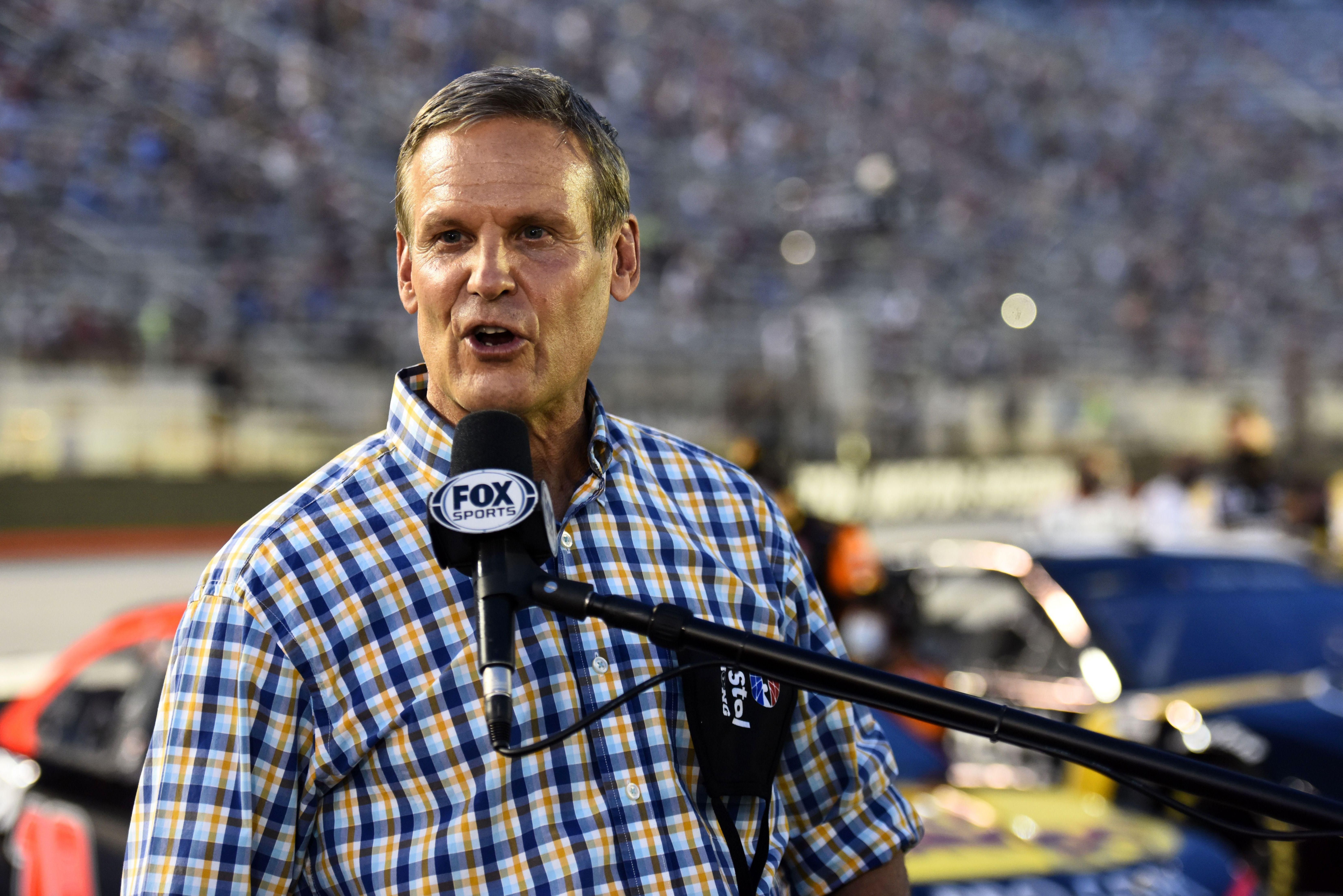 Tennessee Gov. Bill Lee (R) gives the command to start engines prior to the NASCAR Cup Series All-Star Race at Bristol Motor Speedway on July 15, 2020 in Bristol, Tennessee.