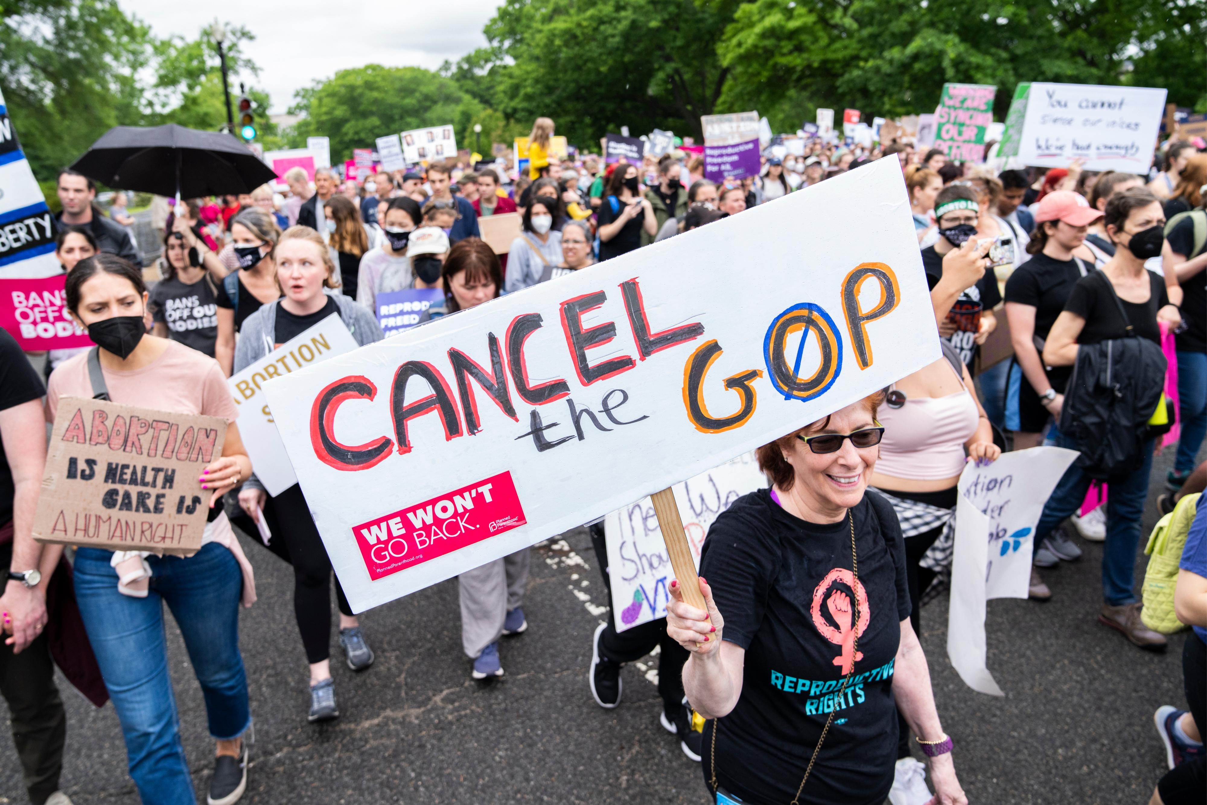 Marchers denounce the Republican Party as they demand abortion rights