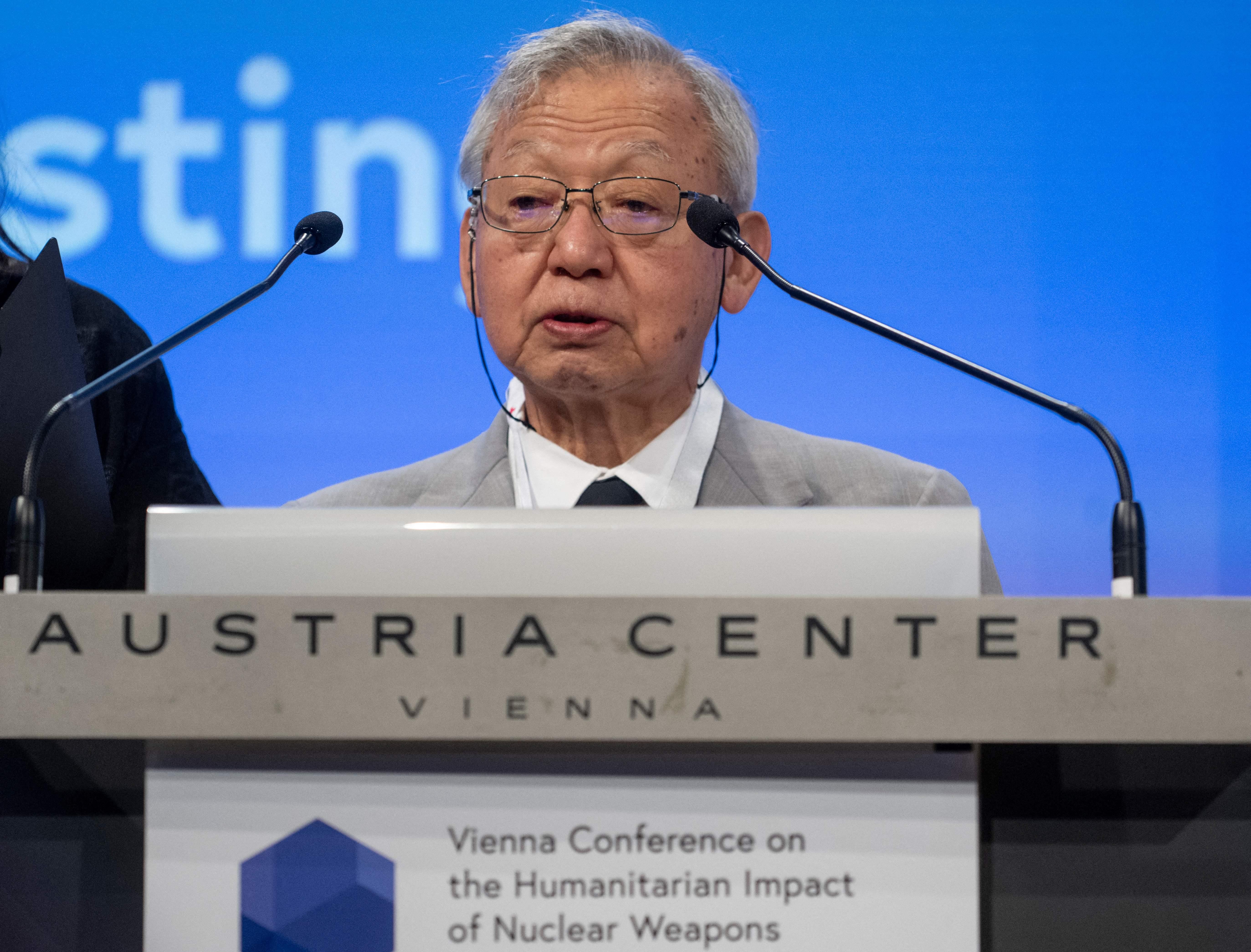 Suechi Kido, an 82-year-old survivor of the U.S. atomic bombing of Nagasaki, speaks during the 2022 Vienna Conference on the Humanitarian Impact of Nuclear Weapons in Vienna on June 20, 2022.