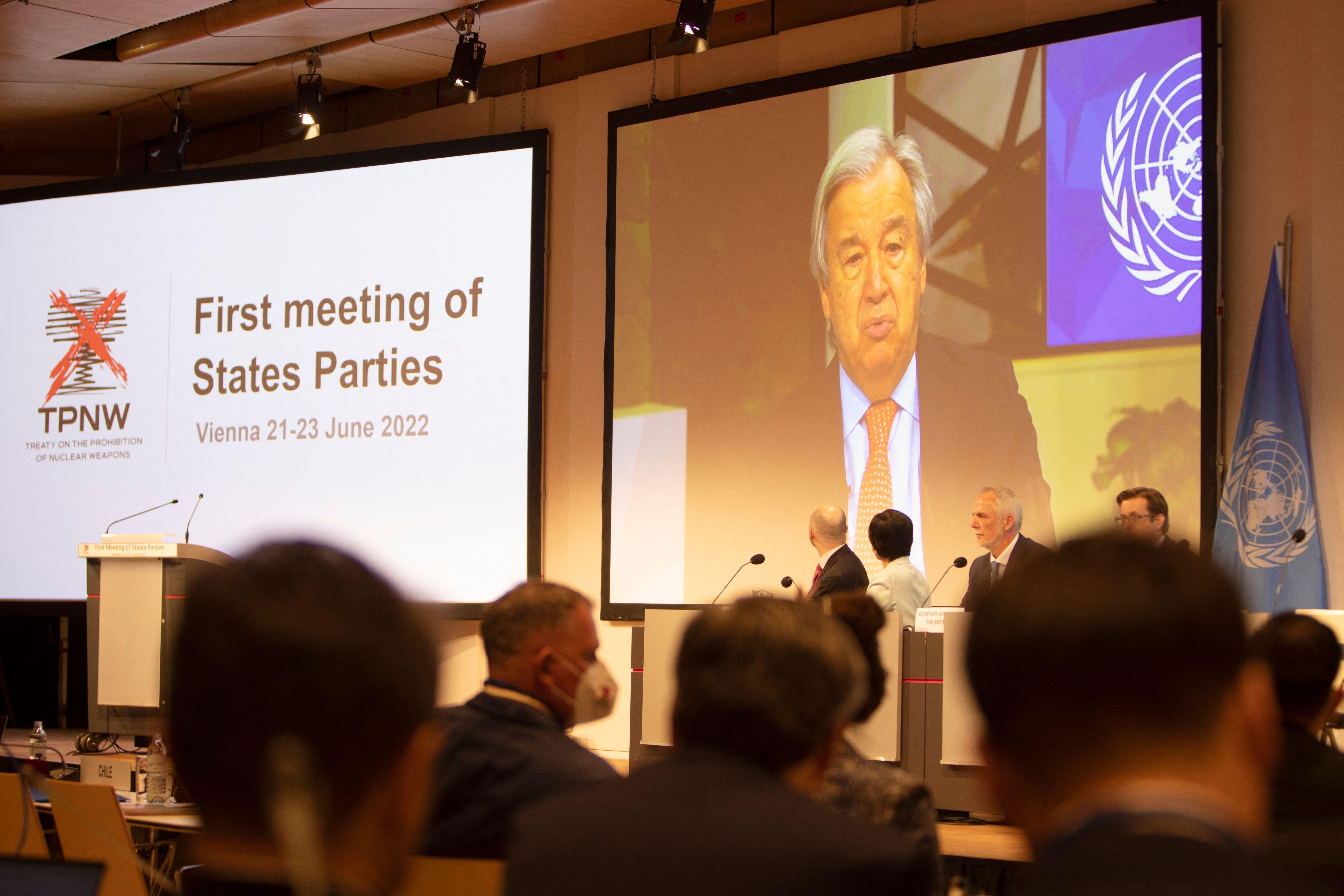 U.N. Secretary-General António Guterres speaks during the Treaty on the Prohibition of Nuclear Weapons'  first Meeting of States Parties in Vienna, Austria, on June 21, 2022.