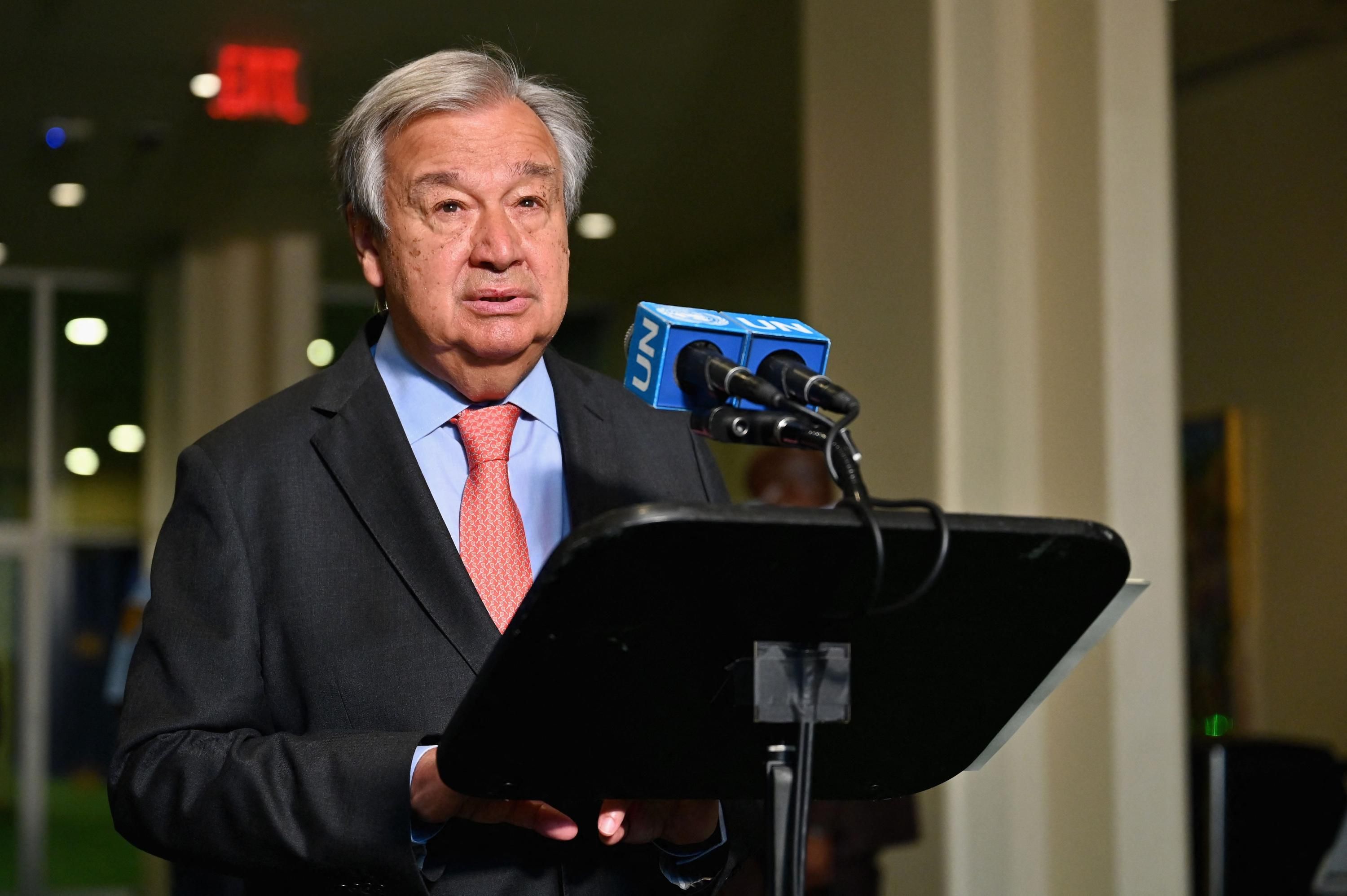 United Nations Secretary-General Antonio Guterres speaks to the press