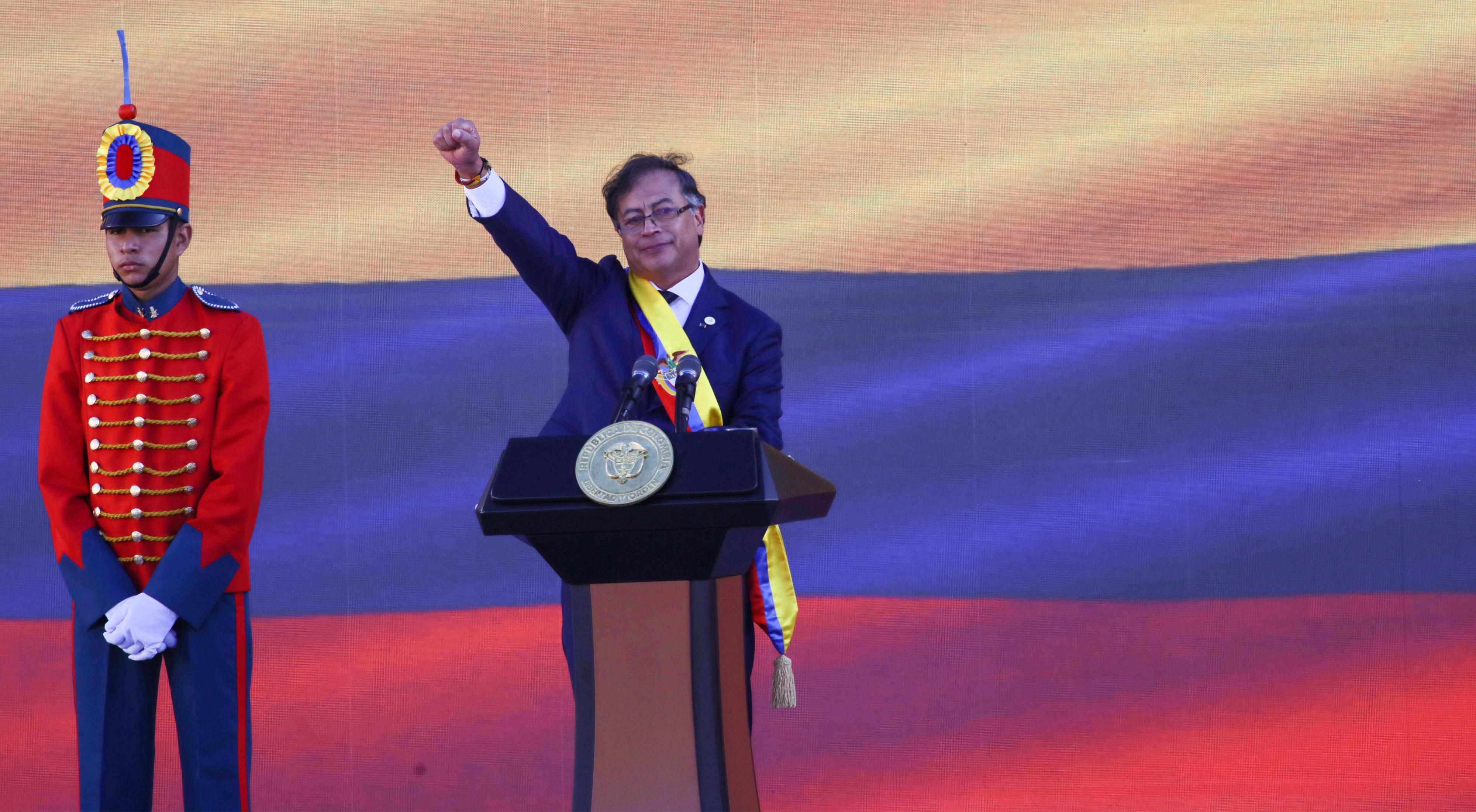 Gustavo Petro delivering speech after being sworn in