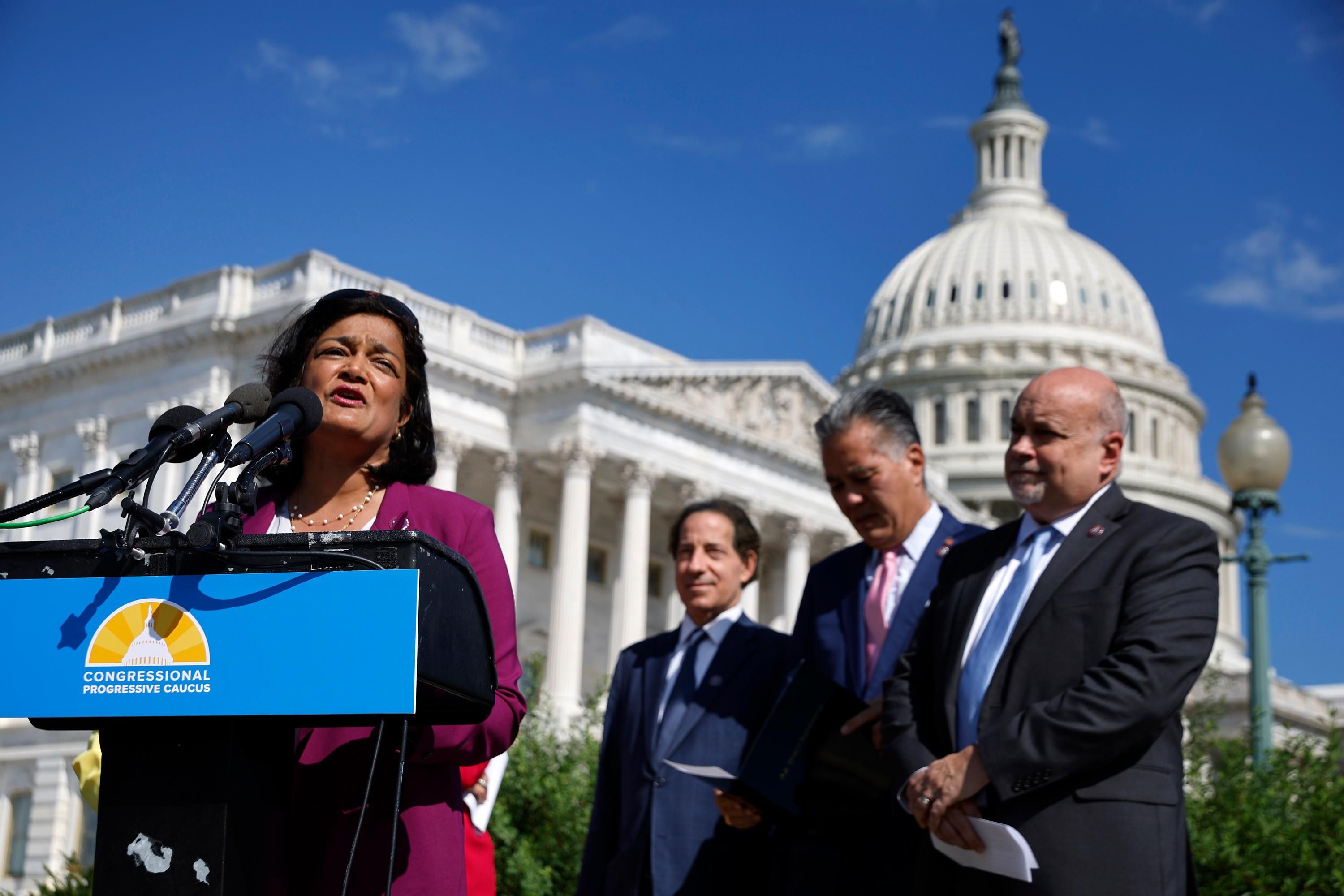 Rep. Pramila Jayapal speaks at a press conference outside the U.S. Capitol