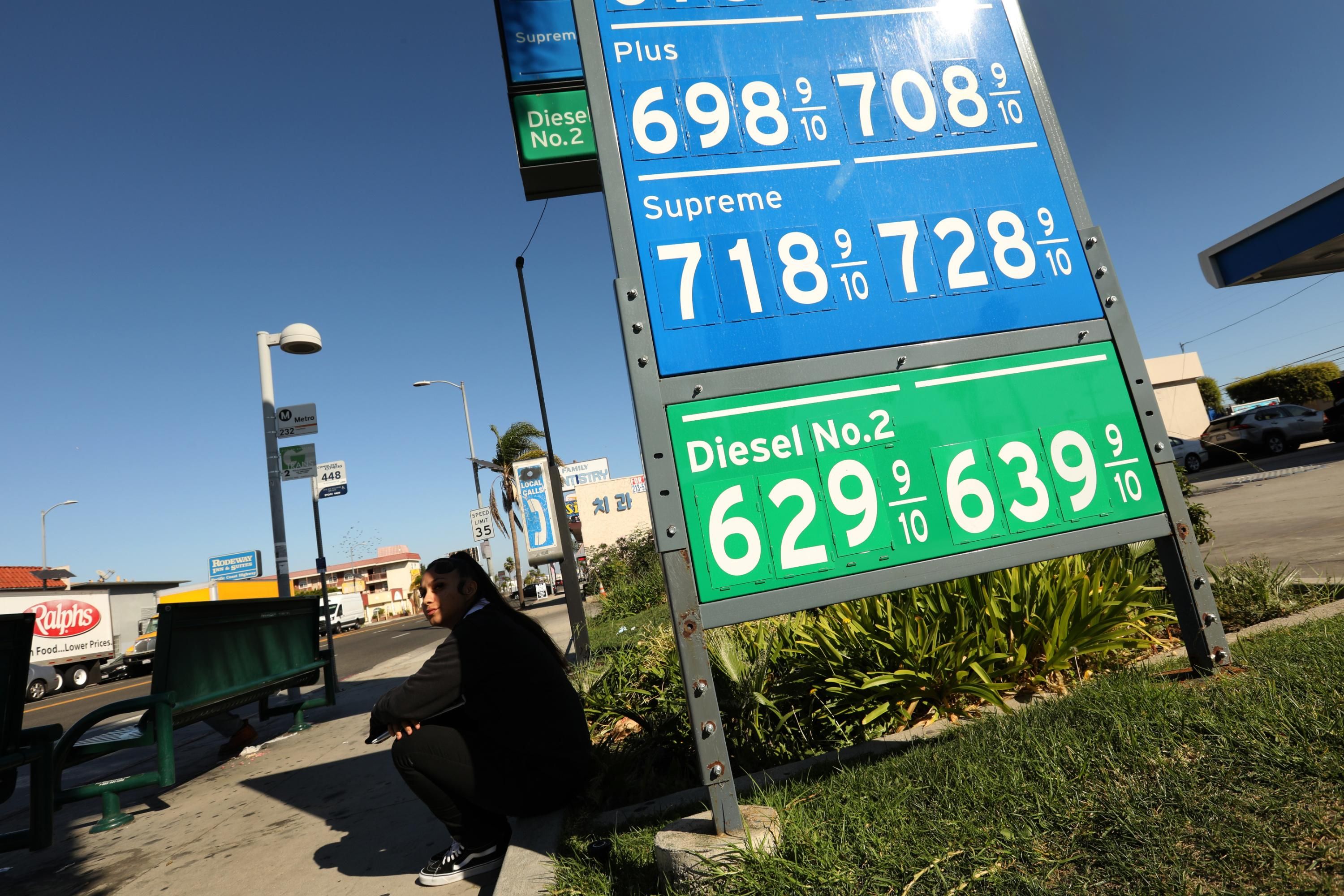Gas prices are pictured in Torrance, California