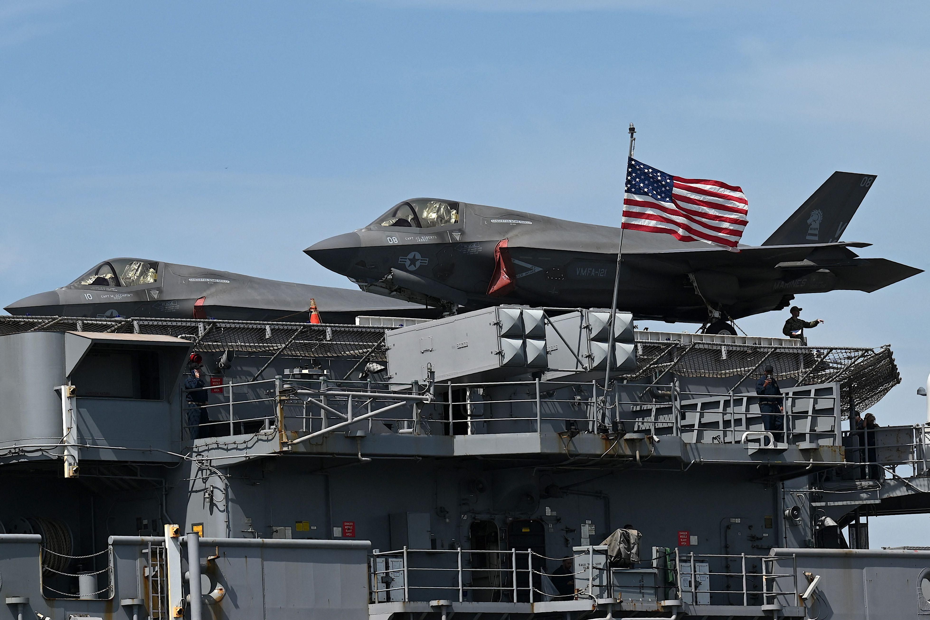 A pair of F-35B Lightning II aircraft are seen on board a U.S. warship in Manila, Philippines on September 27, 2022.