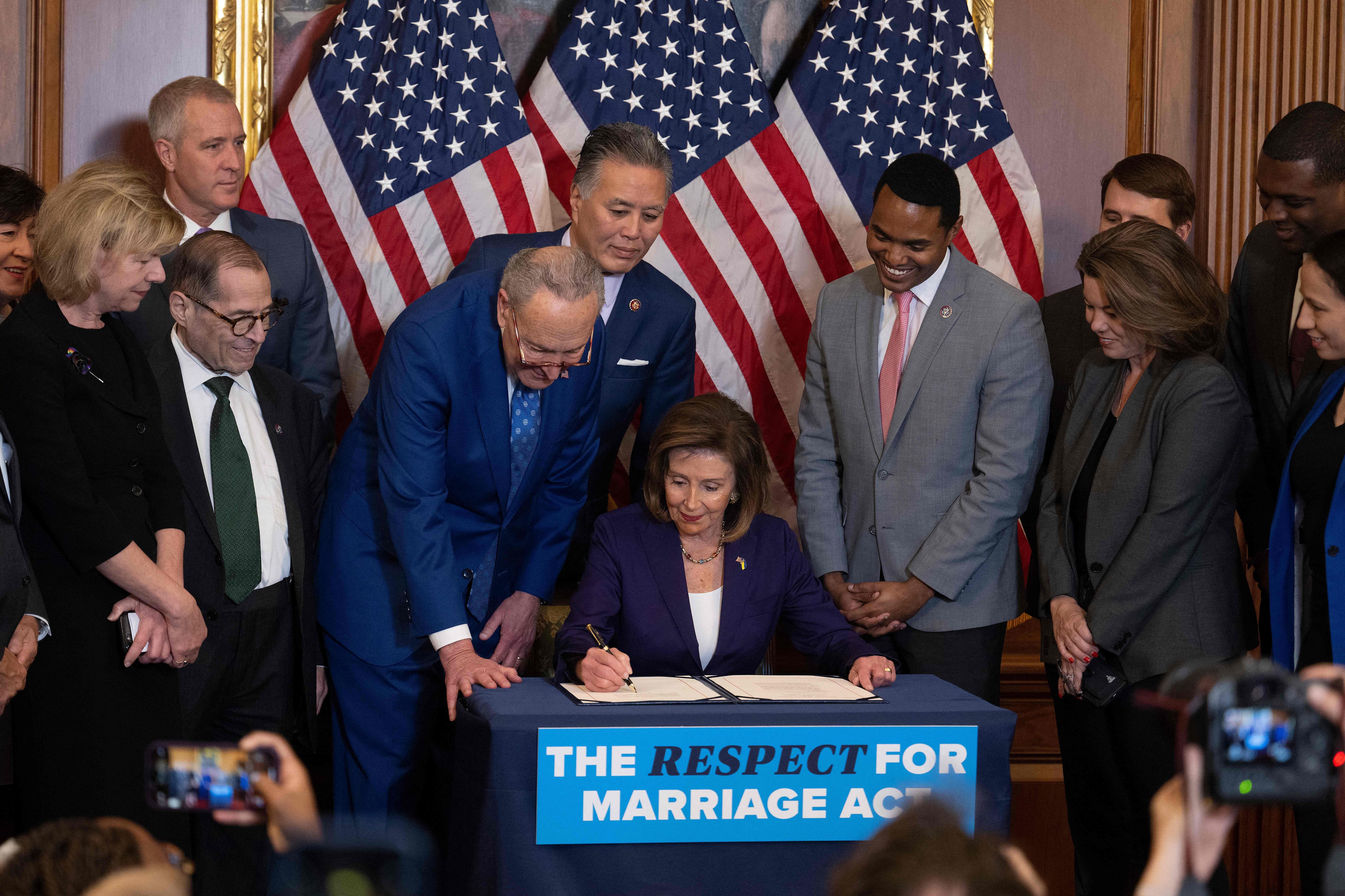 House Speaker Nancy Pelosi (D-Calif.) signs the Respect For Marriage Act in Washington, D.C. on December 8, 2022.