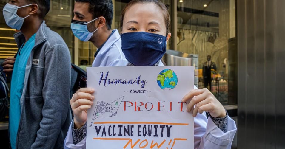 A coalition of healthcare advocacy organizations gathered outside Pfizer Worldwide Headquarters in Manhattan on March 11, 2020.