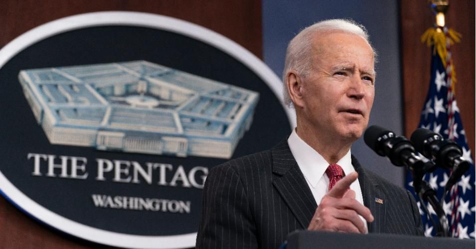 President Joe Biden speaks at the Pentagon on February 10, 2021 in Washington, D.C.