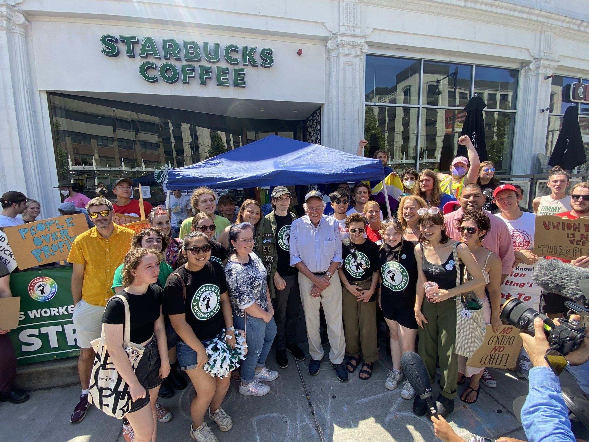 Sanders Joins Striking Starbucks Workers on the Picket Line in Boston